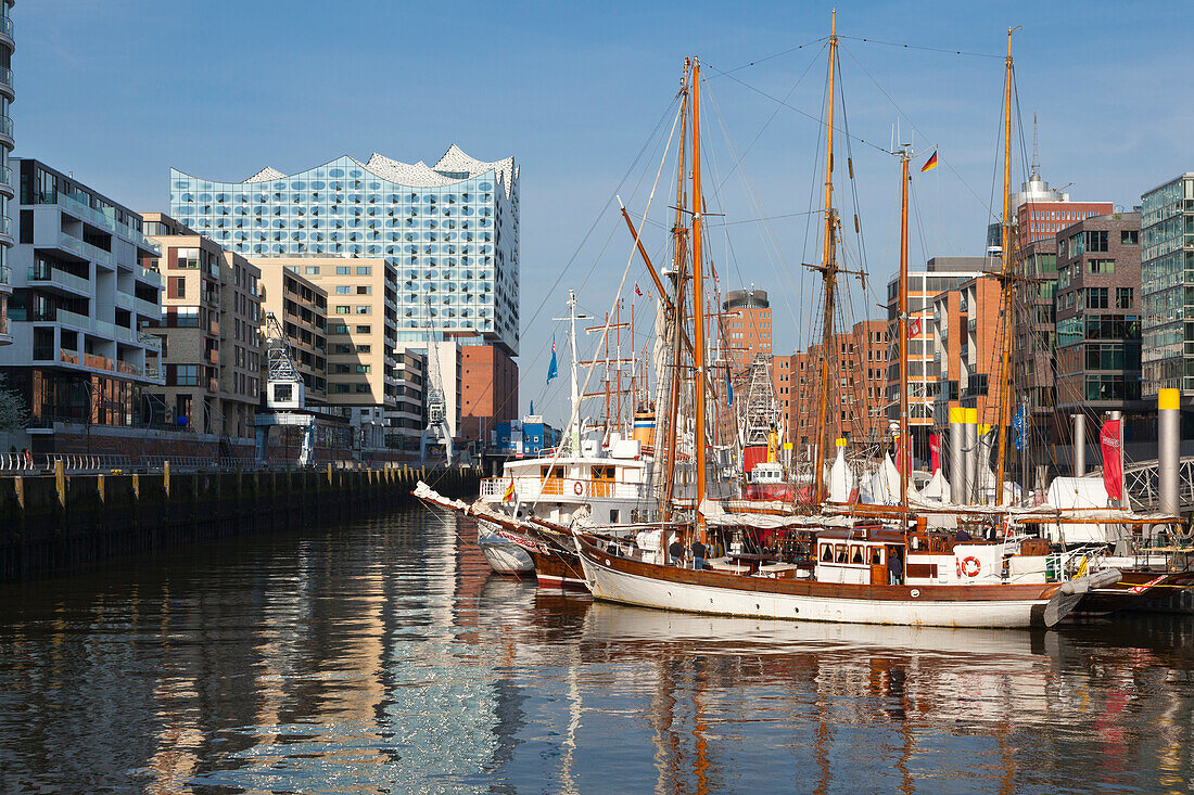 Museum ships in the Harbour, view to the Elbphilharmonie, Hamburg, Germany