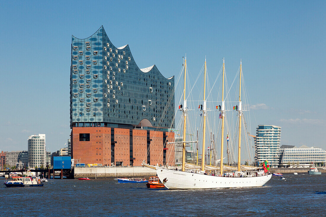 Sailing ship Santa Maria Manuela in front of the Elbphilharmonie, Hamburg, Germany