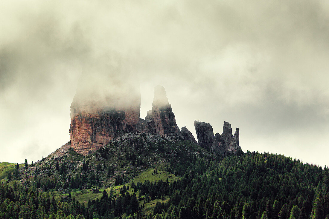 Cinque Torri mountain on an early morning after a storm, Bellunesi Dolomites, Unesco world heritage, Italy