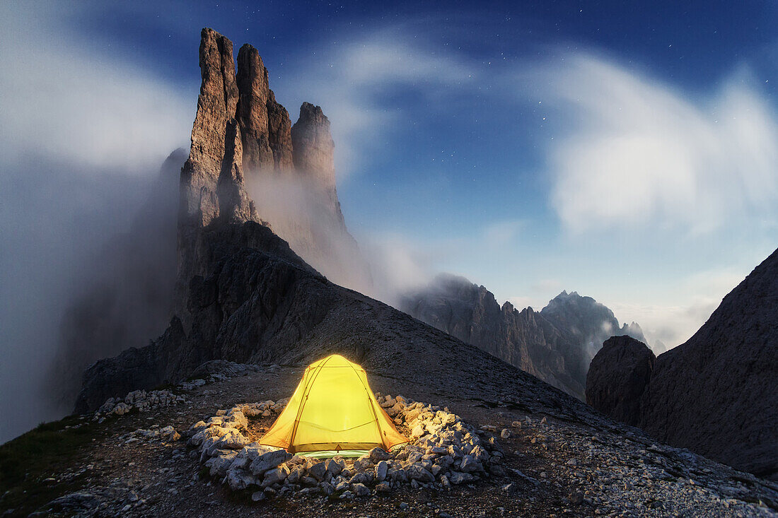 Camping spot beneath the Vajolet Towers, Rosengarten mountain range, Dolomites, Unesco world heritage, Italy