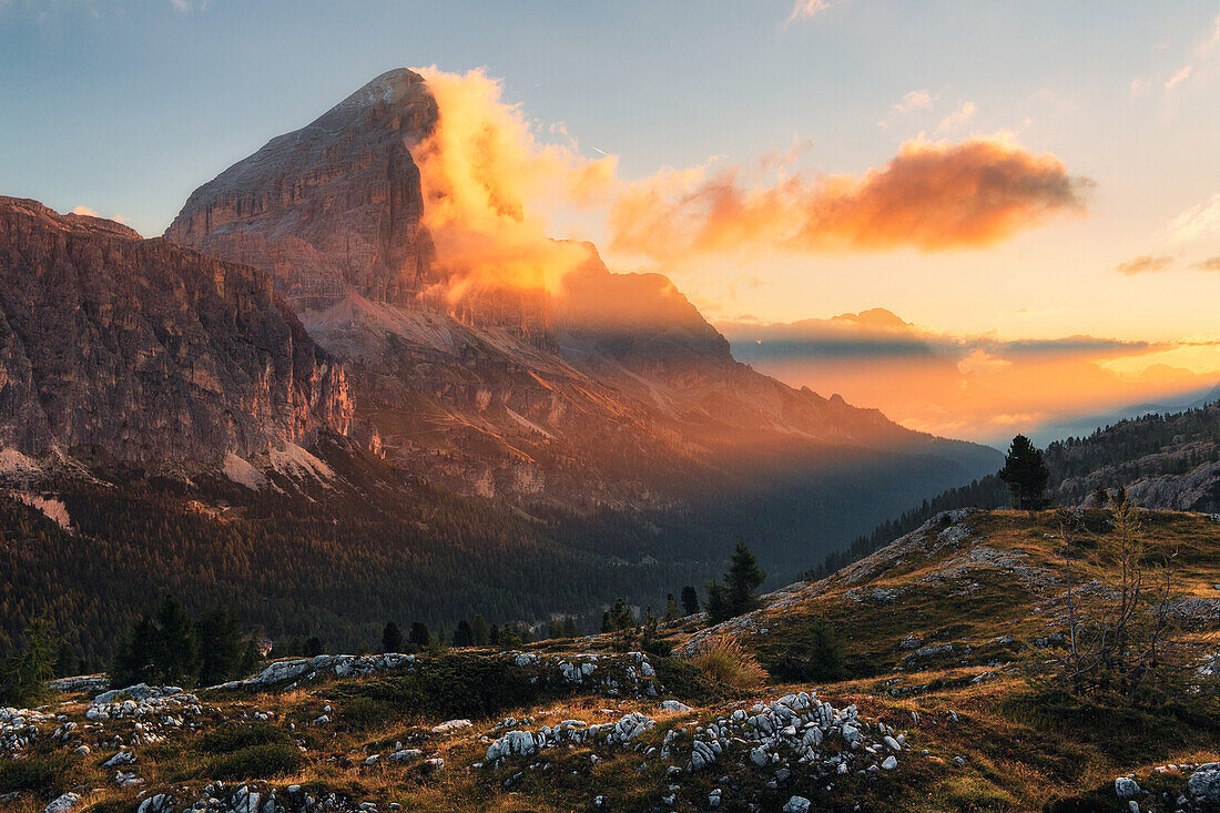 Morning view to Tofane, Located on the left the Falzarego Mountain Pass, Dolomites, Unesco world heritage, Italy