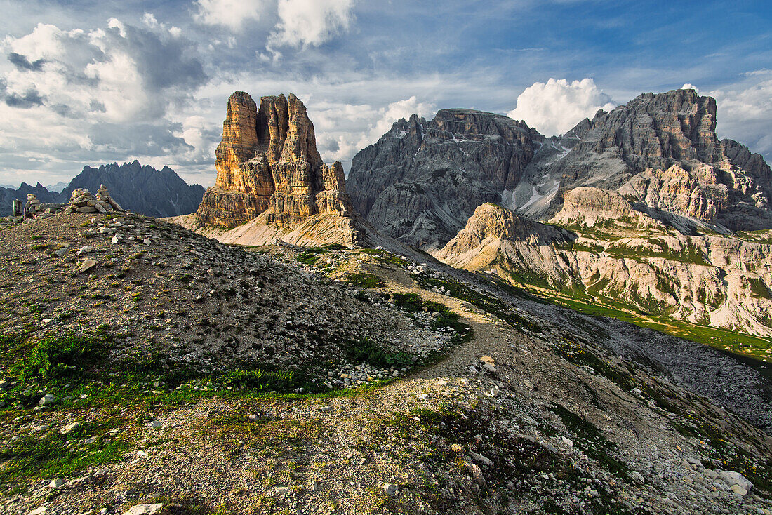 Sextner Stein near the Dreizinnen mountain hut, On the left Toblinger Knoten, on the right Dreischusterspitze, Sexten Dolomites, Unesco world heritage, Italy