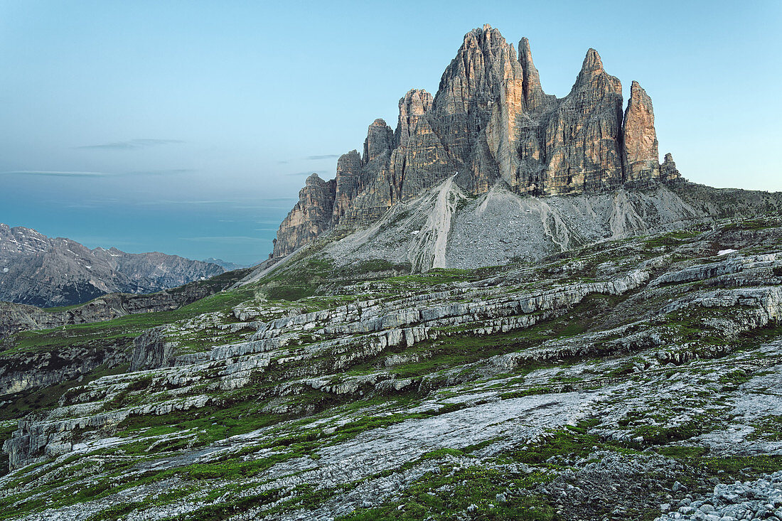 Tre Cime di Lavaredo from an unusual point of view on an early morning, Sexten Dolomites, Unesco world heritage, South Tyrol, Italy