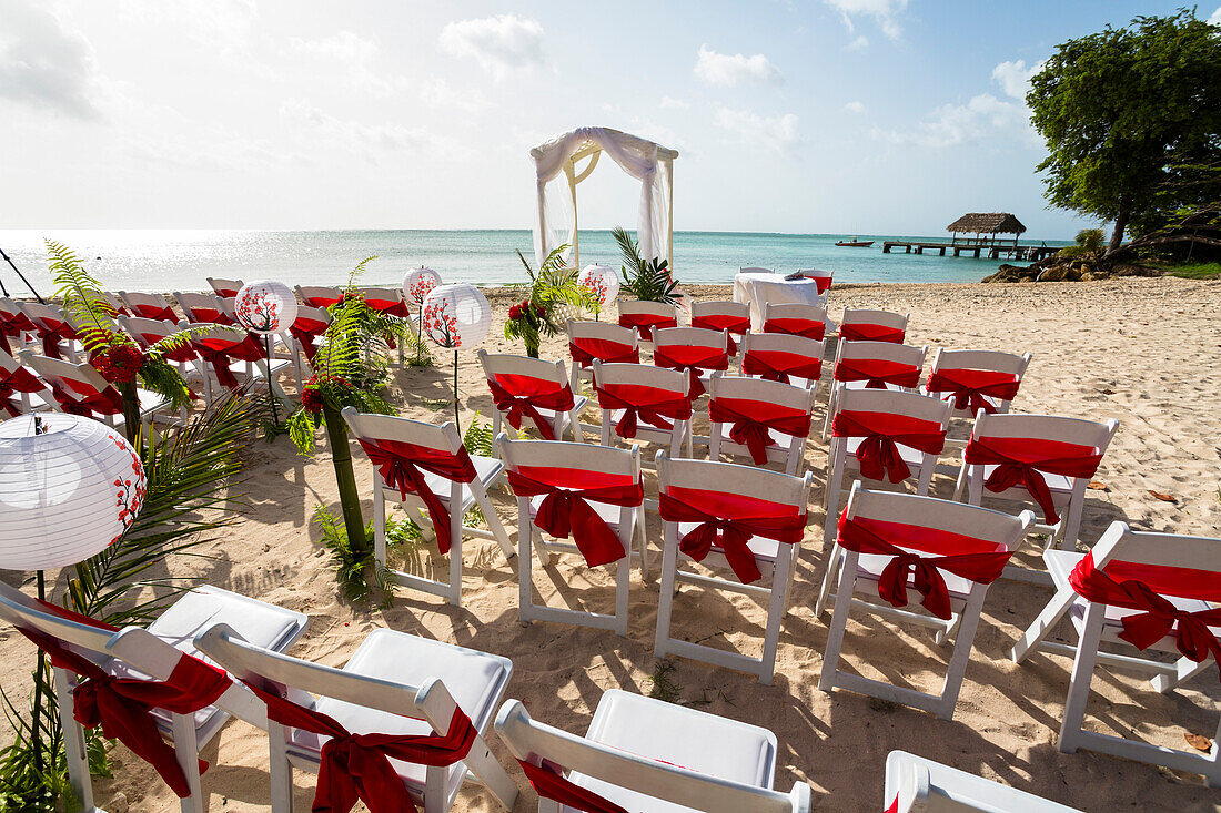 Wedding setting on a sandy beach at Pigeon Point, Tobago, West Indies, South America