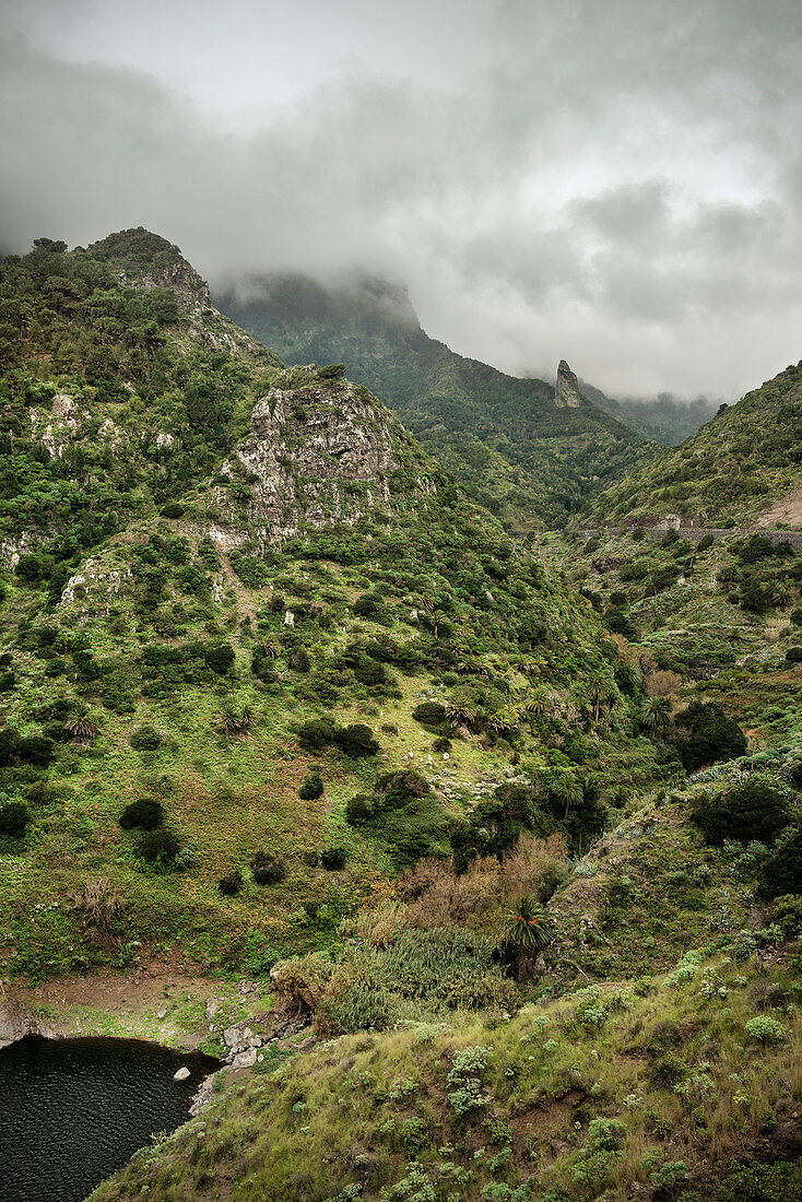 grüne Berglandschaft nahe Hermigua, La Gomera, Kanarische Inseln, Kanaren, Spanien