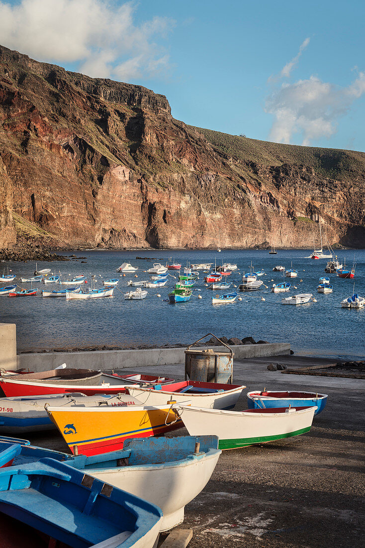 colourful fishing boats in the harbour close to Playa de las Vueltas, Valle Gran Rey, La Gomera, Canary Islands, Spain