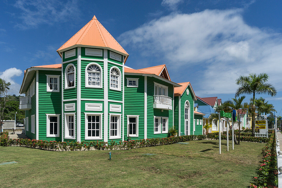Wooden houses painted in Caribbean colors, Samana, Dominican Republic, Antilles, Caribbean