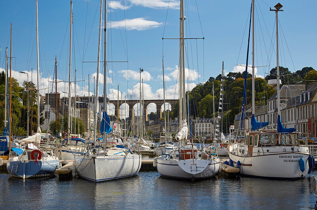 Viaduct for trains (58 m high) and port at Morlaix, Atlantic  Ocean, Dept. Finistère, Brittany, France, Europe