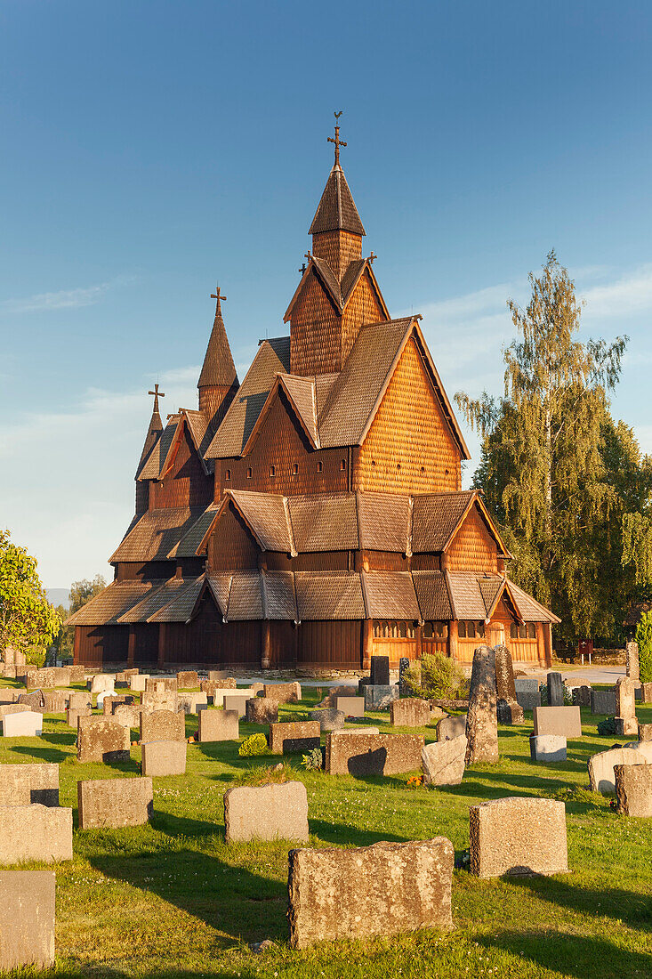 Heddal stave church with grave stones in the evening sun in summer, Notodden, Telemark, Norway, Scandinavia