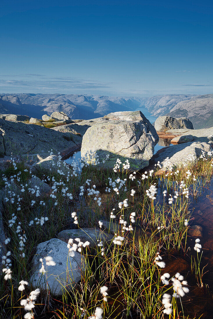 View across the Lysefjord in the sun from Hengjanfjell near the Preikestolen, Rogaland, Norway, Scandinavia