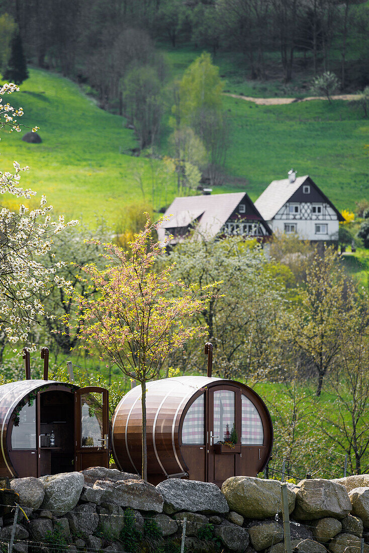 sleeping in wine barrels, Sasbachwalden, Ortenau, Black Forest, Baden-Wuerttemberg, Germany