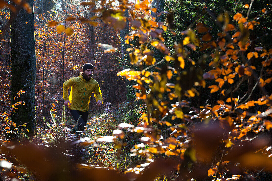 Young man running on a trail through a forest, Allgaeu, Bavaria, Germany