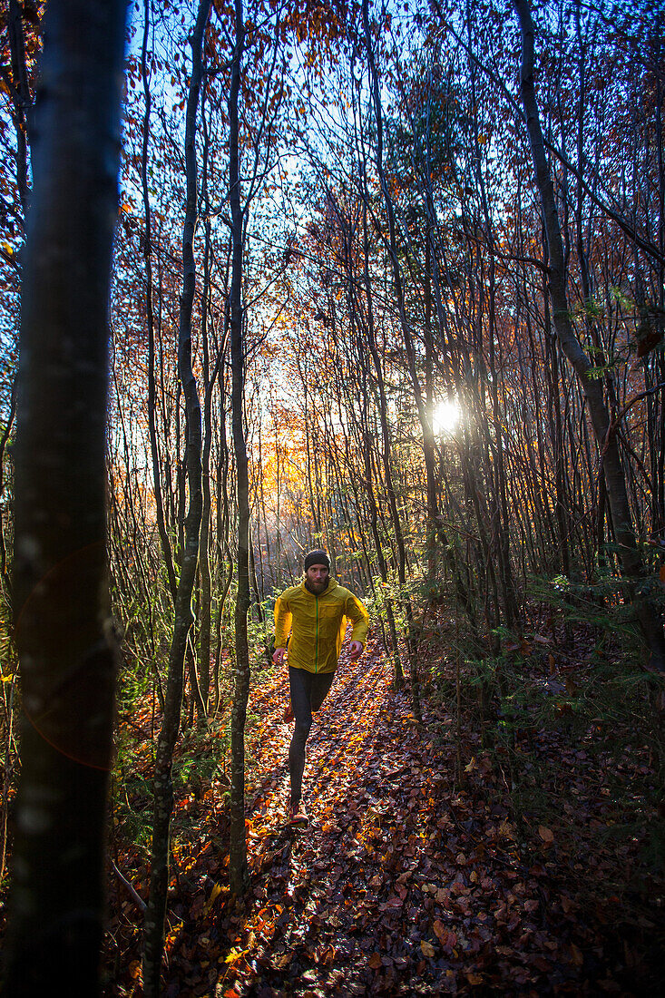 Junger Mann läuft auf einem Weg durch einen Wald, Allgäu, Bayern, Deutschland