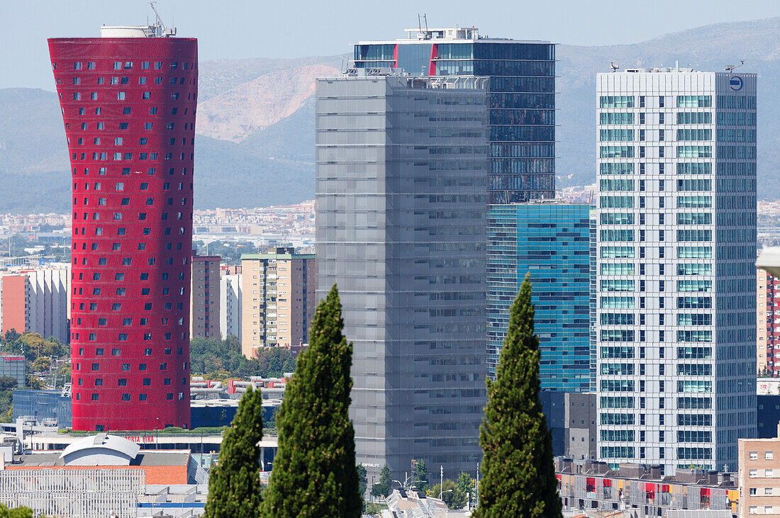 Hotel Porta Fira (l.), modern architecture, Hospitalet de Llobregat, architect Toyo Ito, seen from Montjuic mountain, Barcelona, Catalunya, Catalonia, Spain, Europe