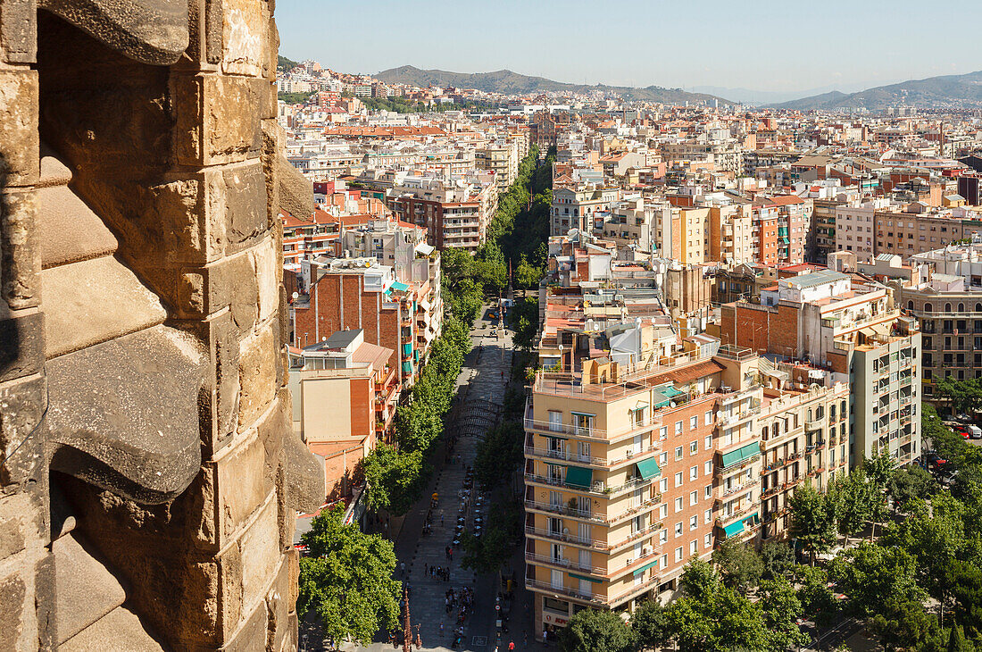 view from a tower of La Sagrada Familia, church, cathedral, architect Antonio Gaudi, modernisme, Art Nouveau, city district Eixample, Barcelona, Catalunya, Catalonia, Spain, Europe