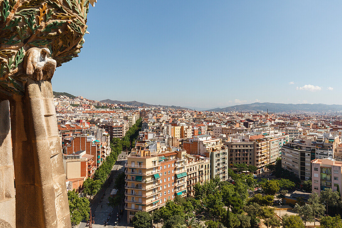view from a tower of La Sagrada Familia, spire of the eastern facade, tree of life with doves, church, cathedral, architect Antonio Gaudi, UNESCO world heritage, modernisme, Art Nouveau, city district Eixample, Barcelona, Catalunya, Catalonia, Spain, Euro