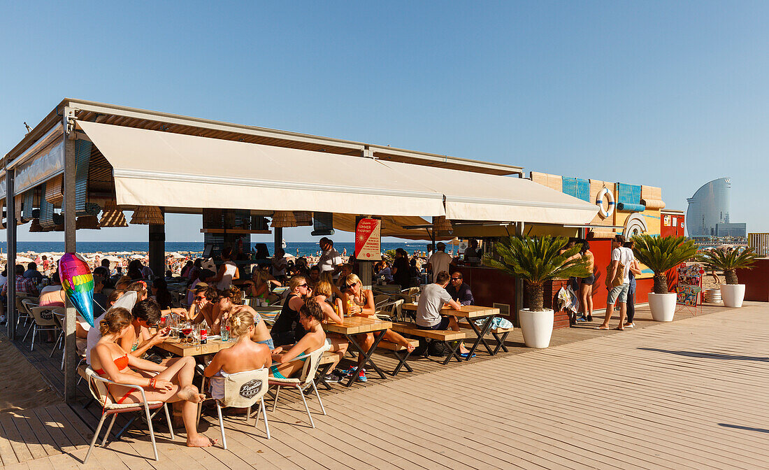 Strandcafe, Bar, Platja de Barceloneta, Strand, Hotel W Barcelona, Barceloneta, Barcelona, Katalonien, Spanien, Europa