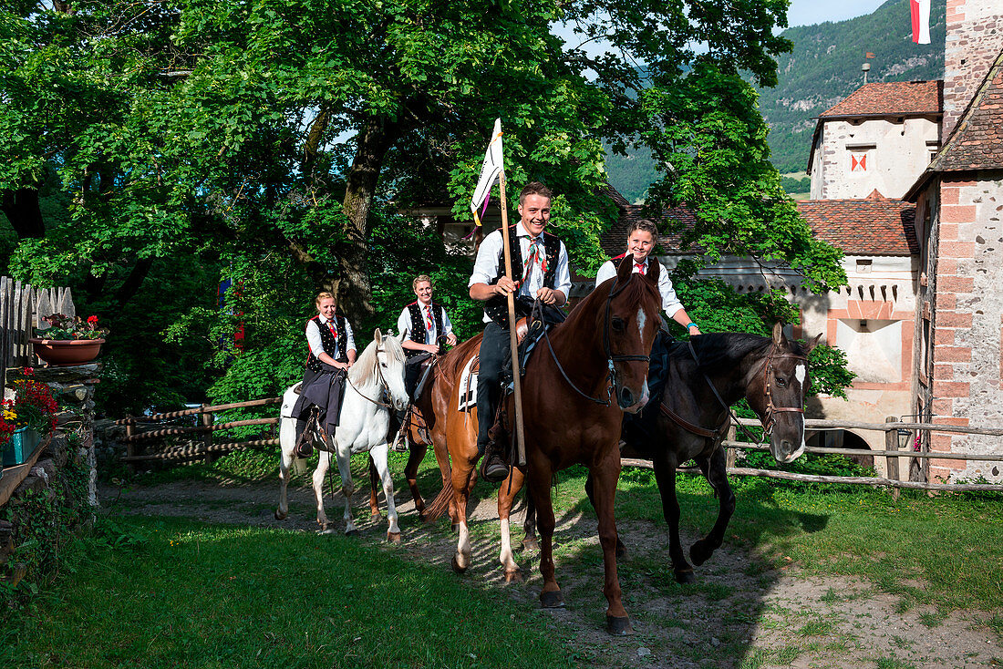 Castel Forte, South Tyrol, Italy. Start of the riders of the Oswald of Wolkenstein Ride