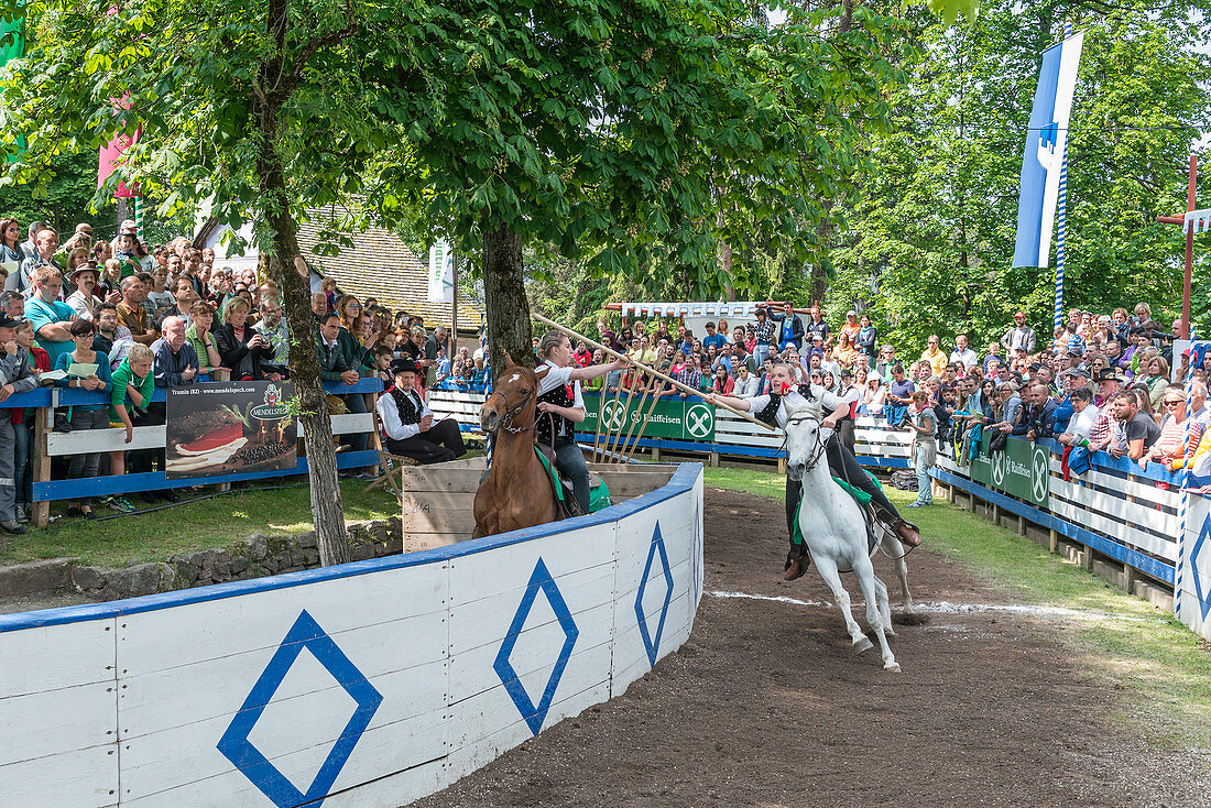 Castelrotto, South Tyrol, Italy. The traditional ring jousting at the Monte Calvario in Castelrotto
