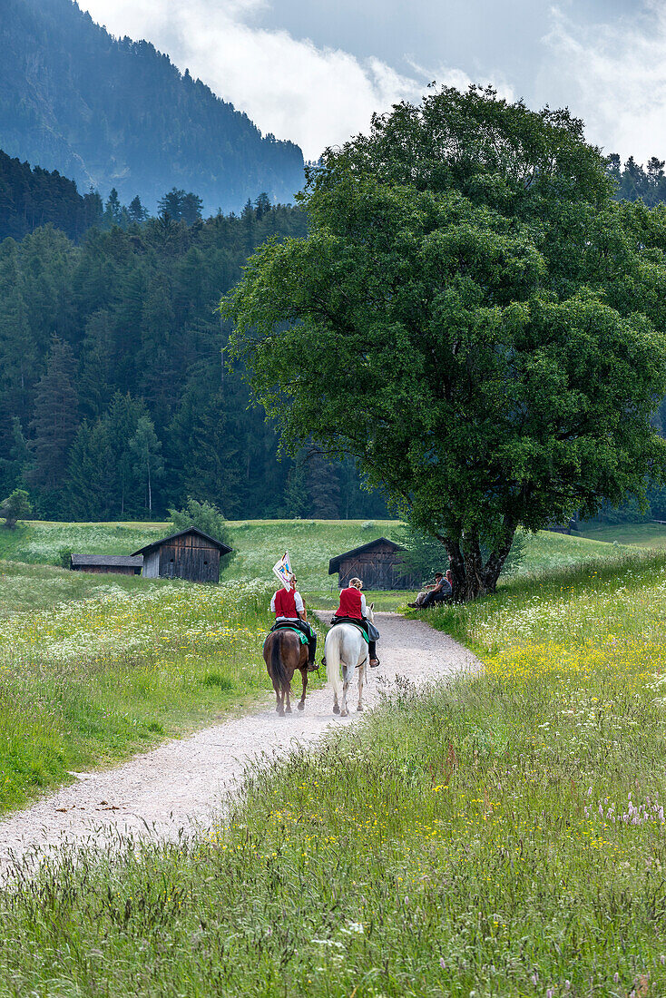 Castelrotto, South Tyrol, Italy. The riders in the fields above Castelrotto
