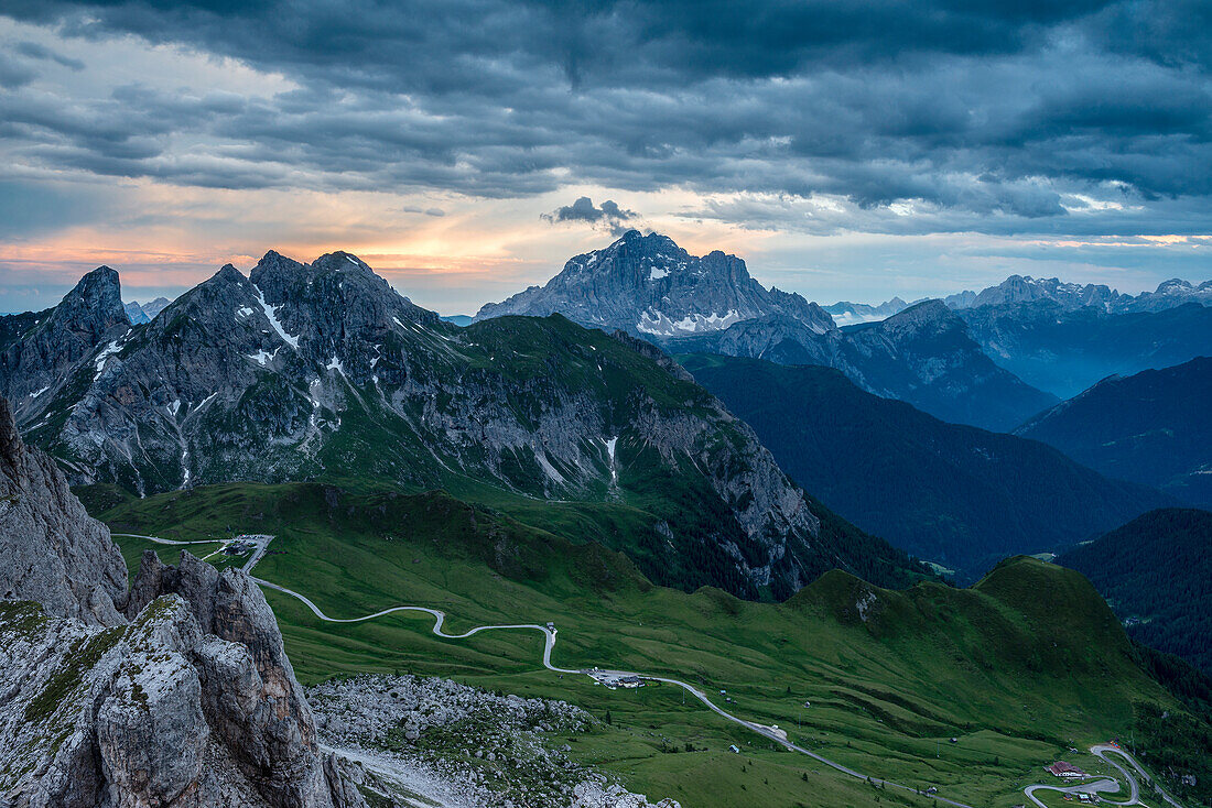 Nuvolau, Dolomites, Veneto, Italy.The light of the sunset over the Dolomites with the peaks of Monte Cernera and Civetta.