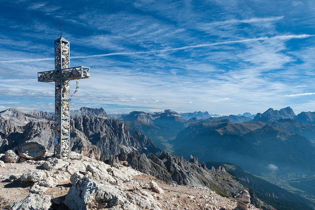 Roda di Vael, Dolomites, Trentino, Italy. At the summit of the Roda di Vael