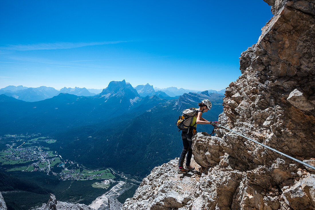 Sorapiss, Dolomites, Veneto, Italy. Climber on the via ferrata Berti