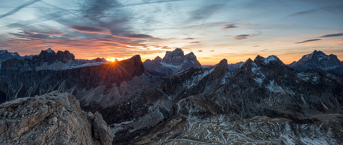 Ra Gusela, Dolomites, Veneto, Italy. Sunrise photographed from the summit of The Ra Gusela