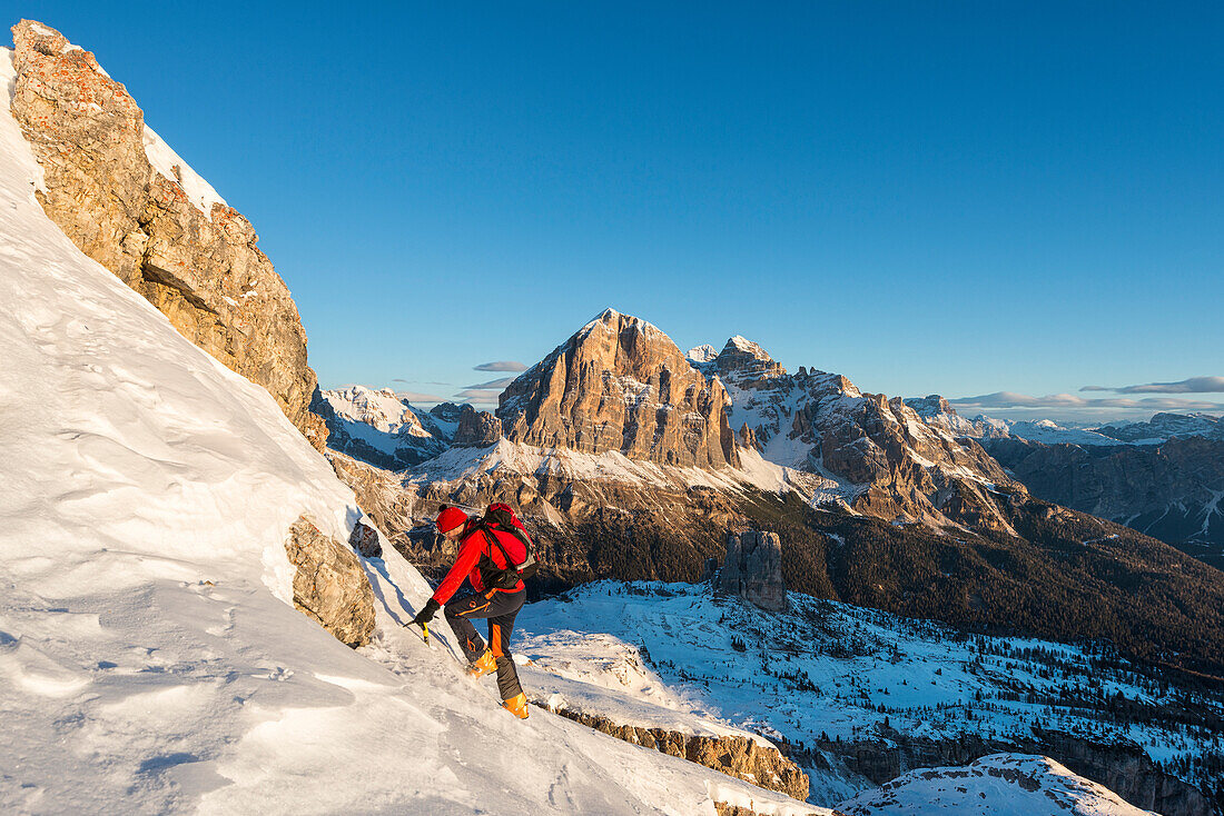 Nuvolau, Dolomites, Veneto, Italy. Mountaineer in the ascent to the Nuvolau