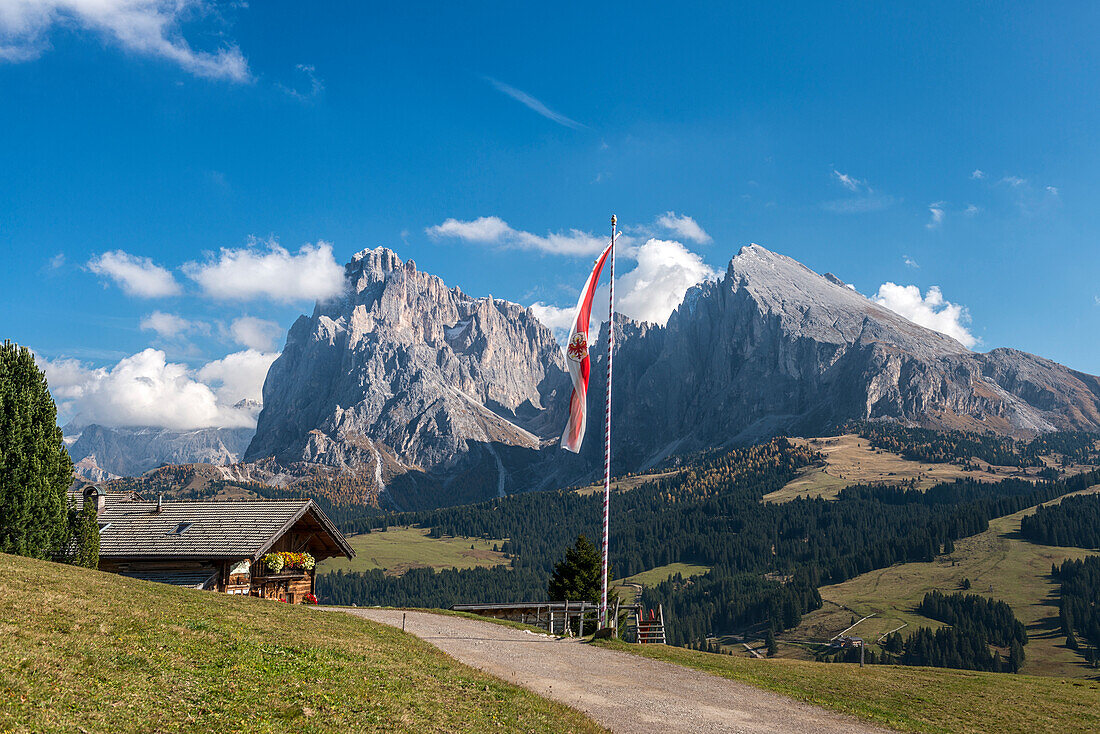 Alpe di SiusiSeiser Alm, Dolomites, South Tyrol, Italy. The Rauch mountain hut