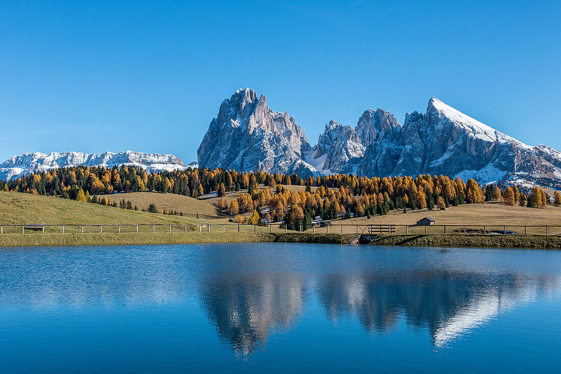 Alpe di SiusiSeiser Alm, Dolomites, South Tyrol, Italy. Reflections on the Alpe di SiusiSeiser Alm