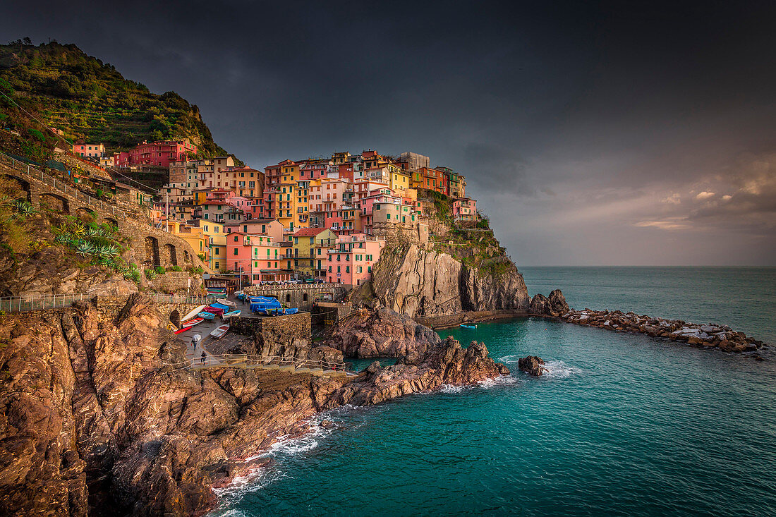 Manarola, Liguria, Italy. Landscape view of the city from the seaside.
