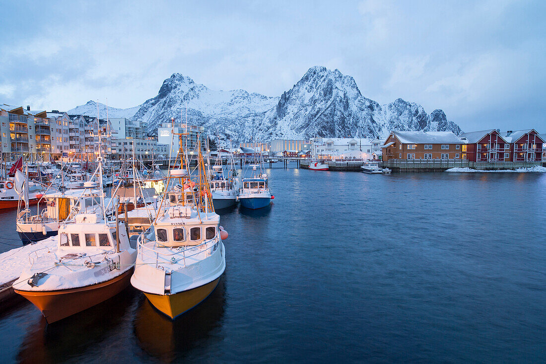 Fishing boats lined up in The port of HenningsvÃ¦r Fishing Village, Lofoten Islands, Norway