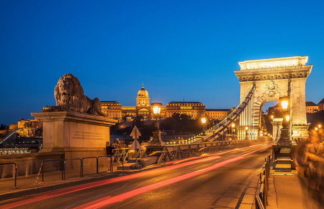Blurred view of traffic on bridge, Budapest, Hungary