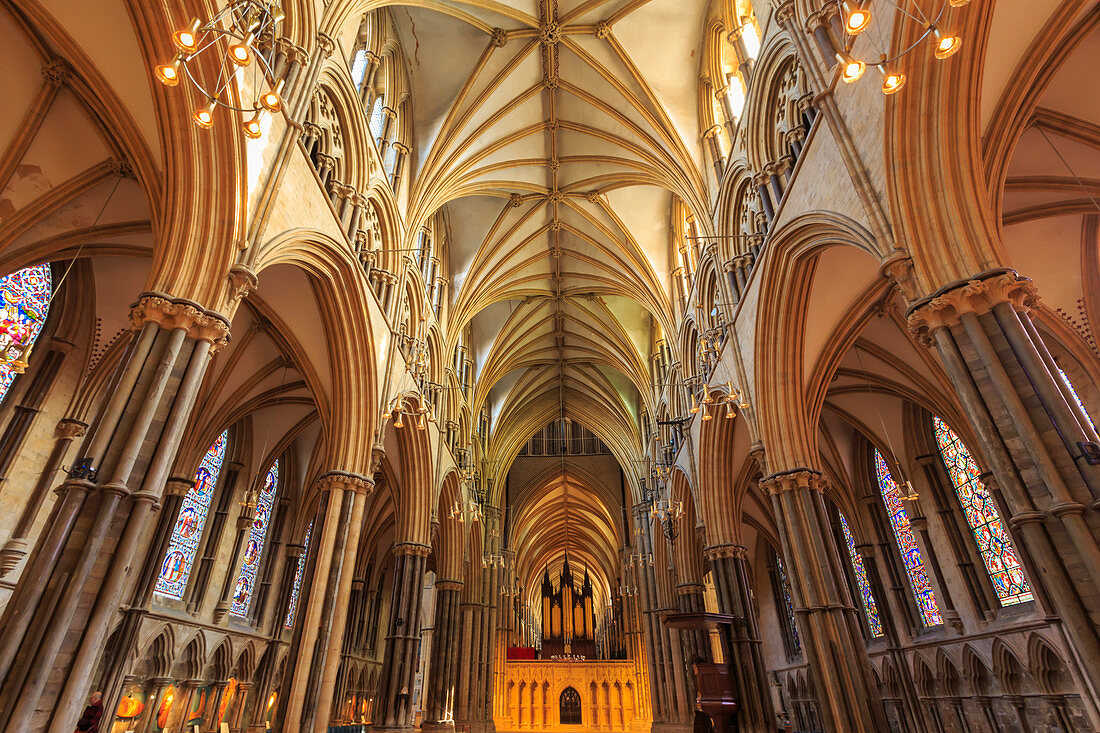 Nave and Choir Screen, Lincoln Cathedral interior, one of Europe's finest Gothic buildings, Lincoln, Lincolnshire, England, United Kingdom, Europe