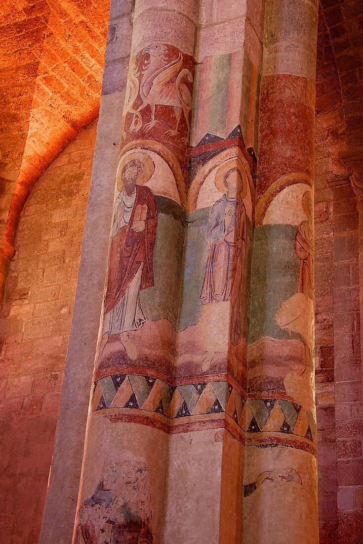 Paintings on nave and columns, St. Julian Basilica (St. Julien Basilica) dating from the 9th century, Romanesque architecture, Brioude, Haute Loire, France, Europe