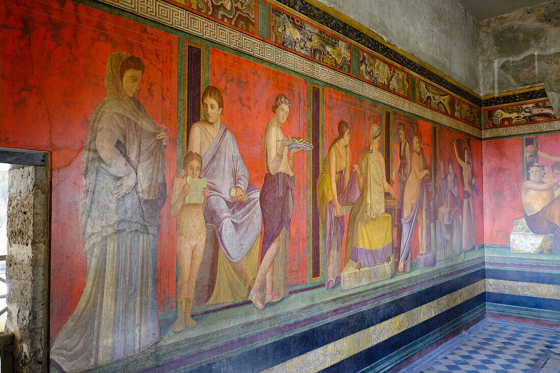 Roman frescoes at Villa of the Mysteries, Pompeii, UNESCO World Heritage Site, the ancient Roman town near Naples, Campania, Italy, Europe
