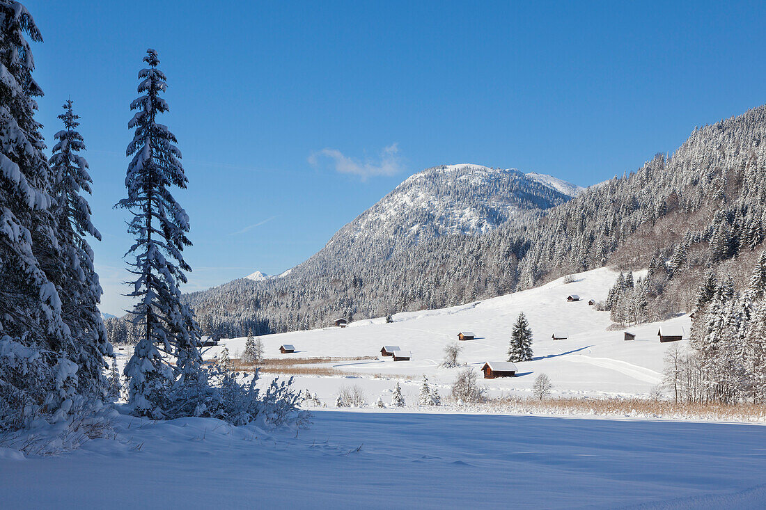 Winter landscape with haystack at Geroldsee, view to Wank mount, Bavaria, Germany