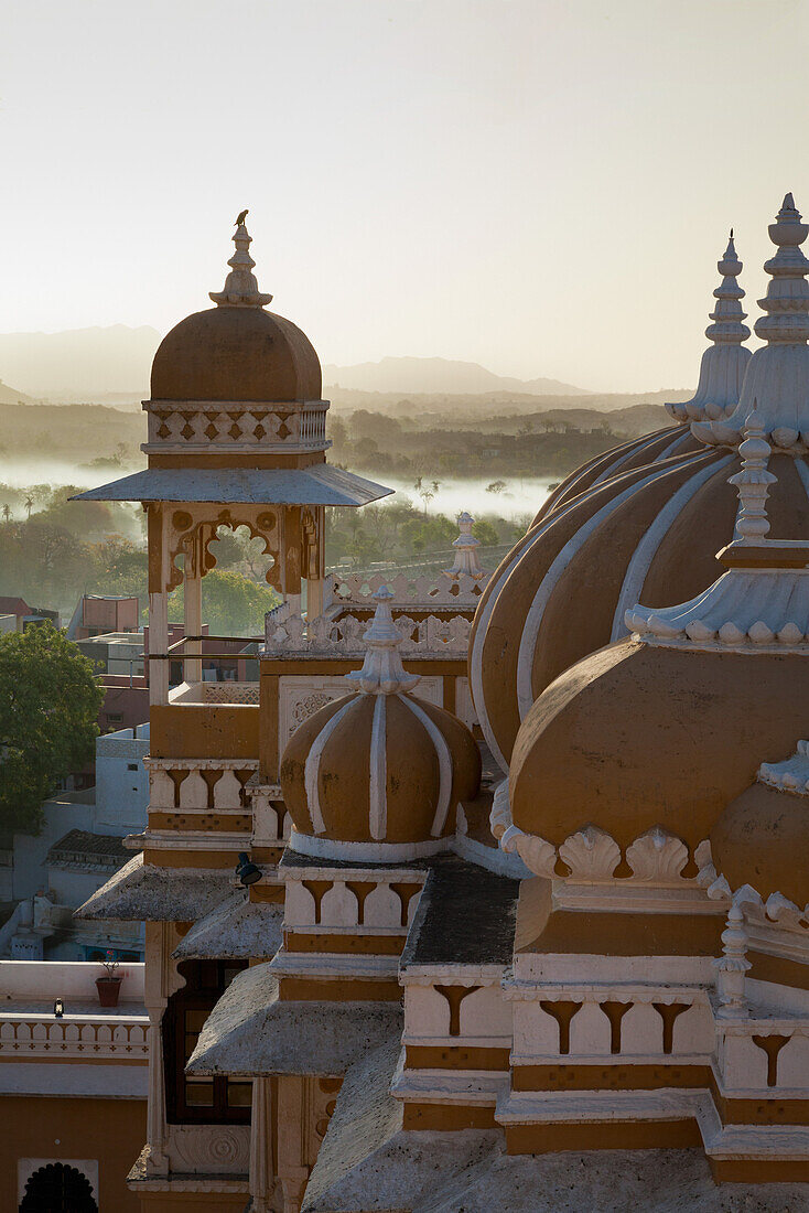 Domes of Deogarh Mahal Palace hotel at dawn, Deogarh, Rajasthan, India, Asia