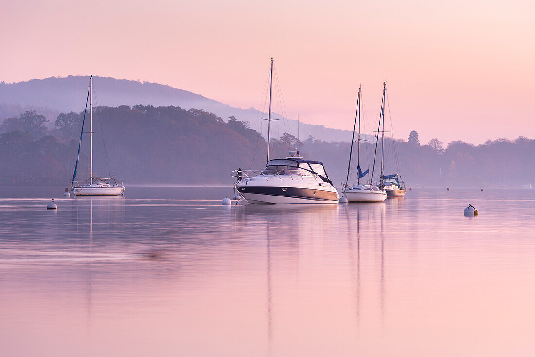 Boats moored on Lake Windermere at sunset, Bowness, Lake District National Park, Cumbria, England, United Kingdom, Europe