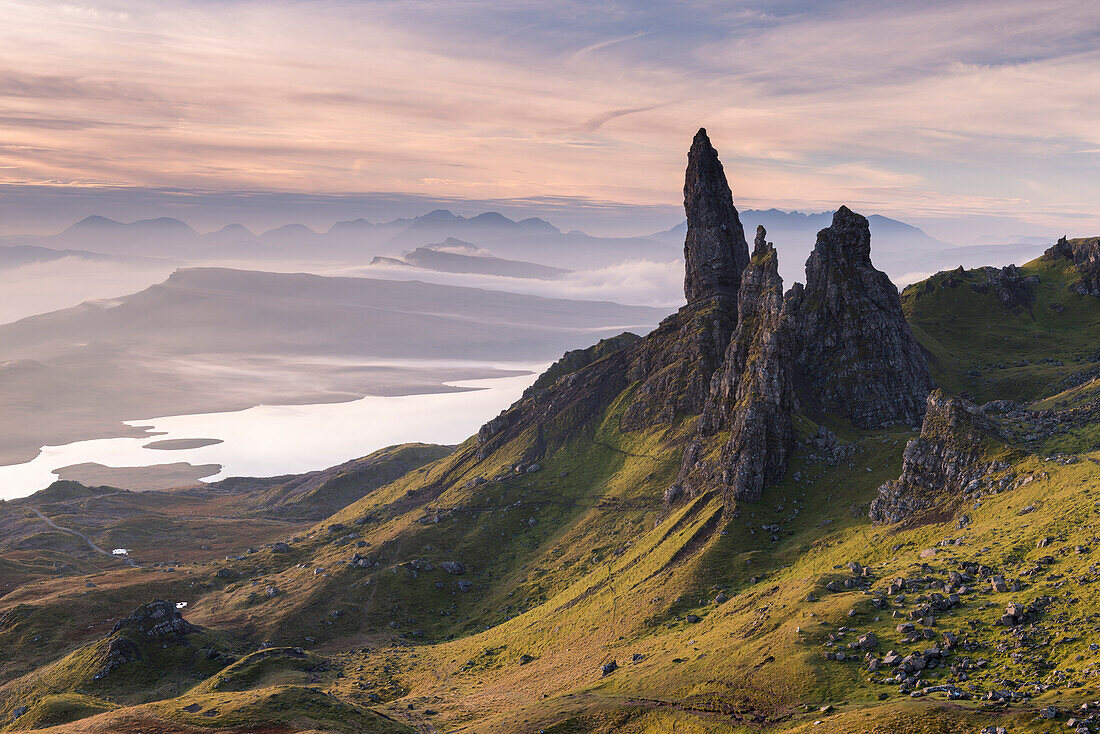 Beautiful early morning light at the Old Man of Storr on the Isle of Skye, Inner Hebrides, Scotland, United Kingdom, Europe