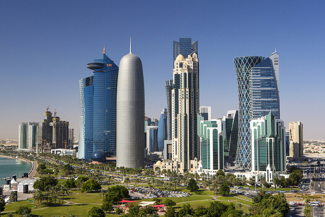 Qatar , Doha City, The Corniche , West Bay Skyline.