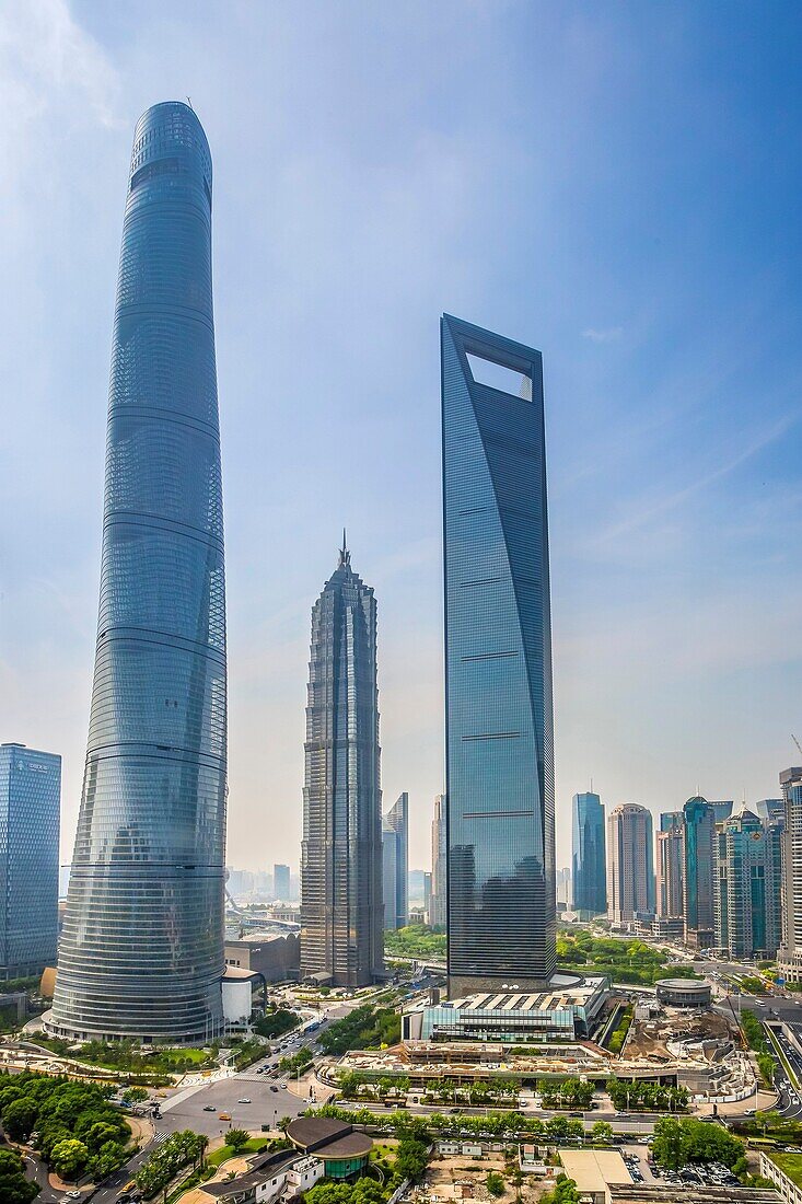 China, Shanghai City, Pudong District,Lujiazui , World Financial Center , Jinmao Bldg. and Shanghai Tower.