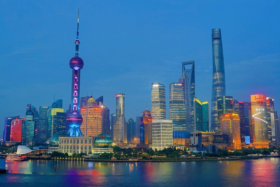 China, Shanghai City, Pudong District Skyline, Oriental Pearl and Shanghai Towers, Huanpu River.