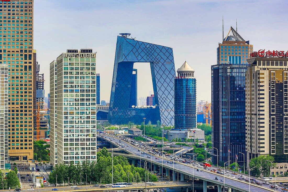 China, Beijin City, Guomao District skyline, East second ring road, CCTV Headquarters Bldg.