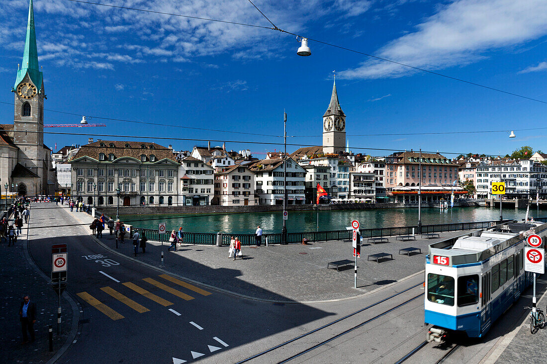 Tram on Limmatquai and Münsterbrücke, Zurich, Switzerland