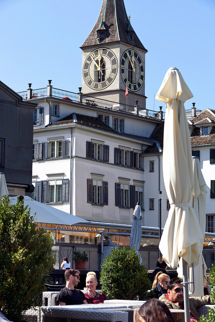 Rathaus Café on the Limmatquai and St. Peter’s Church, Zurich, Switzerland