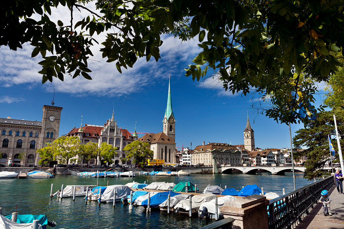 Boats docked on the Limmatquai, Zurich, Switzerland