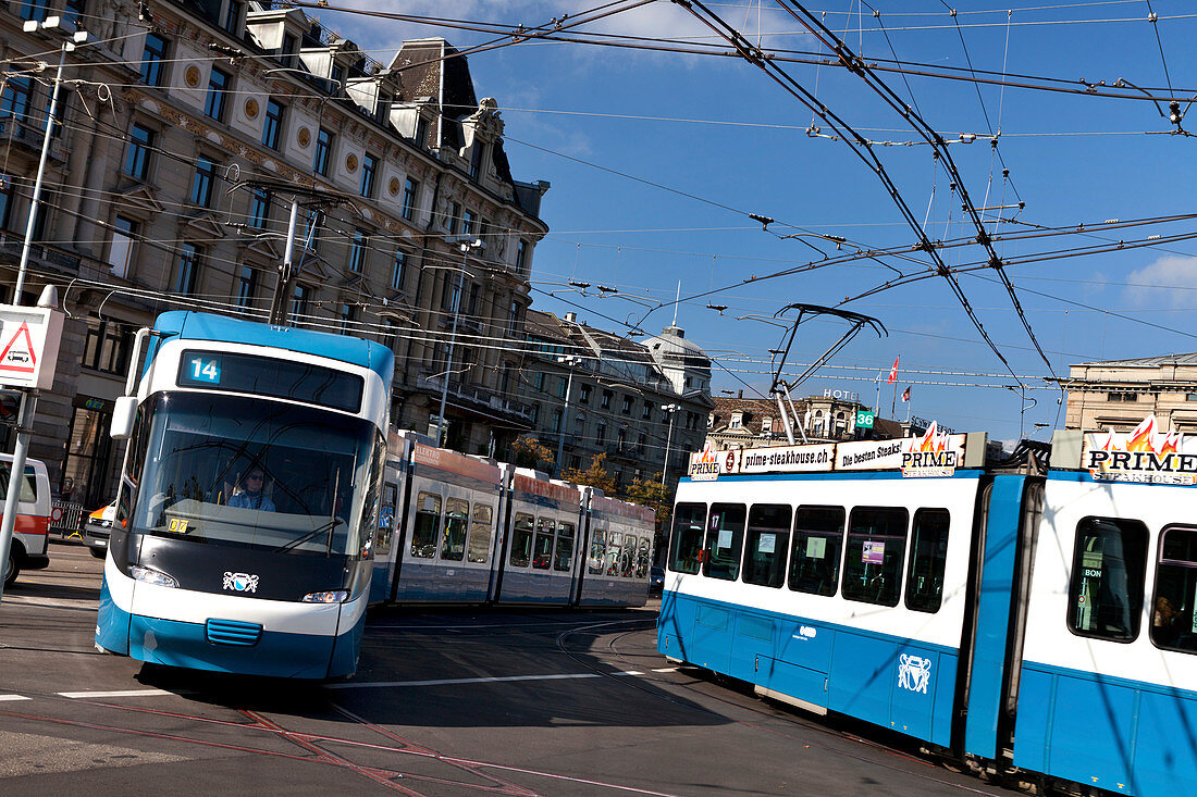 Trams on Bahnhofplatz, Zurich, Switzerland