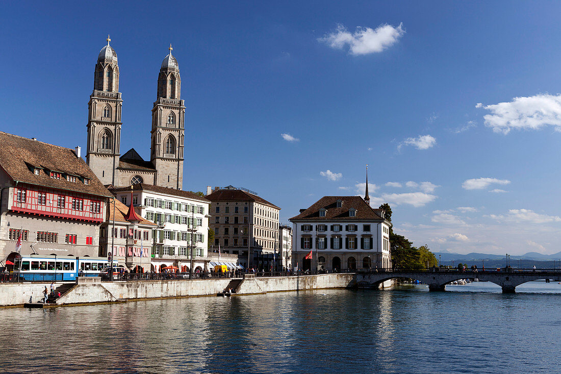 Grossmünster Church and Limmatquai, Zurich, Switzerland